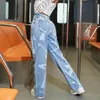 Женские джинсы для женских модных 90 -х годов напечатаны с высокой талией 2024 г. модная джинсовая джинсовая джинсовая ткань прямые брюки женской ноги