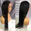 Brésilien noir long silky raide perruque complète des cheveux humains résistants à la chaleur à la chaleur Synthétique dentelle de dentelle avant pour femmes de la mode