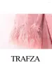 Casual Dresses Trafza Woman 2024 Trendy Pink Print O-Neck Långärmning Spring Feather Cuff Dekorera kvinnlig mode Chic