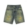 Men's Jeans Hip Hop Summer Denim Shorts Men Loose Fit Wide Leg Ripped Streetwear Hollow Out Distressed Frayed Vintage