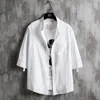 Men's Casual Shirts 2024 Cotton And Linen Thin Short-Sleeved Shirt Summer Stand-up Collar Medium-Sleeve Handsome Solid Color