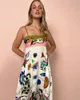 Stylish Lady Graffiti bedruckt Boho Kleid 2024 Sommer Frauen Spaghetti Gurt Rückenless Leinen große Swing Long Beach Berufungskleider