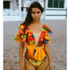 2024 Floral Tryckt Deep V-hals Ruffle Swimsuit Push Up Swimsuit Beach Wear Backless Monokini Beach Wear Swim Suit 240315