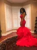 Party Dresses Red Cascading Ruffles Mermaid Prom Spaghetti Cutaway Sides Sweep Train Appliques Long Formal Evening Gowns