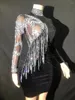 Casual Dresses Black Velvet Shinning Diamonds Chain Sexig mantel Se genom Dress Evening Party Performance Costume Bar Nightclub Stage Wear