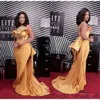 Sexy Plus Size Mermaid Prom African Scoop Neck Crystal Beaded Satin Celebrity Dresses Women Dusty Yellow Evening Gowns