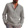 S-5XL Bomullslinneskjorta Långärmar Crew Neck Mens Summer Simple Plain Blue Button Down Tops Plus Size 240407