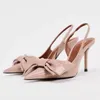 Klänningskor 2024 Summer Pointy Thin Heel Shallow Mouth Bun High Heels för kvinnor med Bow Strap Back Fashion Sandals