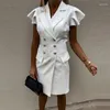 Festklänningar Summer Office Fashion Commute Ladies Suit Dress Case Solid Color Ruffled Short Hidees Slim Elegant Lapel Women