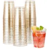 Disposable Cups Straws 25PCS Gold Plastic Clear Wine Glasses Fancy Hard With Glitter For Party