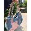 Skolväskor Korean Fashion Star Patchwork Chain Denim Women Axel underarm Bag y2k Vintage Tie Purses and Handbags Sweet Girl Itabag