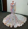 Evening Sparkly Mermaid Reception Gowns Long Sleeve Applique Seuqins High Neck African Aso Ebi Prom Dresses Robes De Soire Paillette