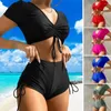 Women's Swimwear Sexy Bikini Stylish Summer Set With V-neck Top High Waist Drawstring Trunks Solid Color Swimsuit For Quick Drying