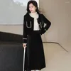 Robes de travail gkyocq coréennes chic femmes en deux pièces sets tenue élégante o cou à manches longues noire veste courte haute jupe plissée