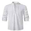 Men's Casual Shirts 2022 New Mens V-neck shirt T-shirt Fashion Vintage Thin Long Sleeve Top men Breathable Front Lace Up man 24416