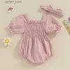 Rompers Listenwind Infant Baby Girl Summer Jumpsuit Solid Color Short Sleeve Square Neck Shirred Romper with Bow Headband L410
