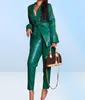 Women039s Two Piece Pants Vintage Fashion PU Leather Tracksuit Large Size Lace Up 2 Outfits Dark Green Faux Jacket Suit Sweatsu1904397