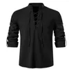 Men's Casual Shirts 2022 New Mens V-neck shirt T-shirt Fashion Vintage Thin Long Sleeve Top men Breathable Front Lace Up man 24416