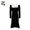 Robes décontractées Tingfly Fashion Fashion perle Slim Fit Black Couleur Velvet Sirvet Longueur du genou Vintage Elegant Lady Spring