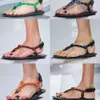 2024 New miui Rhinestone crystal Sandals knot Flat Round Toe Flip Flops Women's Luxury Designer Crystal Flat Sandals 35-41