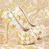 Dress Shoes 2024 Handmade Fashion Gold Wedding Genuine Leather Women Platform High Heels Rhinestone Bridal