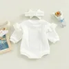 Citgeett autunt Infant Babhighers Bodysuit Solid Color編み長いフライスリーブジャンプスーツヘッドバンド落下服240409