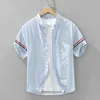 Camisa branca de manga curta pura de algodão masculina de ponta de ponta de ponta respirável de camisa macia e macia de tampa da moda