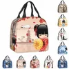 japanese Red Sakura Kokeshi Doll Insulated Lunch Bag for Women Resuable Cute Girly Cherry Blossom Thermal Cooler Lunch Box L9aE#