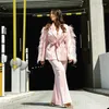 Women's Two Piece Pants Ostrich Feather Satin High Fashion Women Suits 2 Pieces Blazer Peaked Lapel Tuxedo With Belt Loose Plus Size Costume