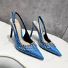 Kristal Avize Dekorasyon Slingback Buzağı Patent Deri Pompalar Ayakkabı Sky-High Stiletto Topuklu Sandal Sandalet Kadın Lüks Tasarımcı Elbise Akşam Ayakkabı