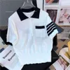 Tb Academy Style British Four Stripes Age Reducing Temperament Flip Collar Cartoon Back Little Dog Ice Silk Knitted Short Sleeved Summer