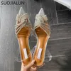 Sandaler Suojialun 2023 Spring New Pointed Toe Womens Sandaler Thin High Heels Womens Fashion Crystal Bow Tie Dress Party Pump Shoes J240416