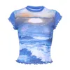 Women's T Shirts Ins Style American Sweetheart Pure Desire Wind Sunset Mesh Floral Print Perspective Ruffled High midje Crop Top beskuren