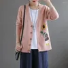 Women's Knits Artistic Style V-neck Embroidered Knitted Cardigan Spring Autumn Loose Solid Button Long Sleeved Sweater Casual Coat