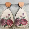 Boucles d'oreilles en pente du tournesol fleur pivoine en bois peinture de peinture d'eau pour femmes en gros