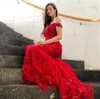 Elegant Red Mermaid Prom Dresses Off Shoulder Lace Appliques Beads Ruffles Long Evening Party Gowns Bridesmaids Dress BC18619