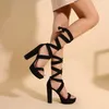 Dress Shoes Women Lace Up Chunky Heel Summer Open Toe Strappy Block Sandals Night Club Party Pumps Shoe Tie Platform Slippers Black