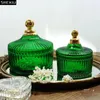 Storage Bottles Vintage Green Striped Glass Jar With Lid For Small Objects Jewelry Dressing Table Desktop Decoration Home