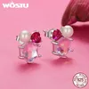 Stud Küpe Wostu 925 STERLING Gümüş Pembe Köpüklü İnci Kulak Çıtçıtları Pembe Rüya Gizli Sevimli Kızlar İçin Lady Kadınları Parlak