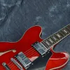 Кабели китайская электрическая гитара 335 Полые кленовые кузов прозрачный красный цвет 6 струнных хромированных оборудования