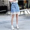 Signe Summer Womens Fashion Denim Skirt High Waist Mini Short Ladies A-Line Female Lace Edge A91
