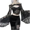 Blusas femininas camisas de halloween renda elegante, veja através de mulheres bordadas cortadas y tops ocos de cor sólida estilo gótico fashio dhpj7