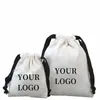 10pcs/lot Customized logo white canvas cott bag with black drawstring gift wedding candy packaging bag storage dustproof bag 18rG#