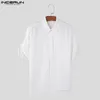 Camisas casuais masculinas 2024 camisa de lapela sólida botão de manga curta solta moda de moda masculina drawtring streetwear Camisas s-5xl incerun