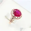 Klusterringar 585 Purple Gold 14k Rose Inlaid Oval Ruby Engagement Ring ihåligt hantverk elegant och unika charmiga damsmycken D DHPBA