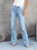 Kvinnors jeans 2024 Summer Fashion Casual Vintage Crop Office Lady High midja Simple Fit Straight Blue Pants for Women