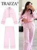 Trafza Women Elegant Pink Blouse Pant Suit met één borsten met lange mouwen met lange mouwen trekstringbroek Summer vrouwelijke streetwear sets 240408