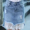 Signe Summer Womens Fashion Denim Skirt High Waist Mini Short Ladies A-Line Female Lace Edge A91