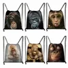 funny Mkey Face Print Drawstring Bag Orangutan Thinking Women Backpack Shoes Holder Casual Storage Beach Bags for travel Gift N2ve#