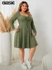 Gibsie Plus size SweetTheart Neck Knoop Front Aline Dres Fall Vintage Long Sleeve geribbelde gebreide Casual Winter Jurken 240411